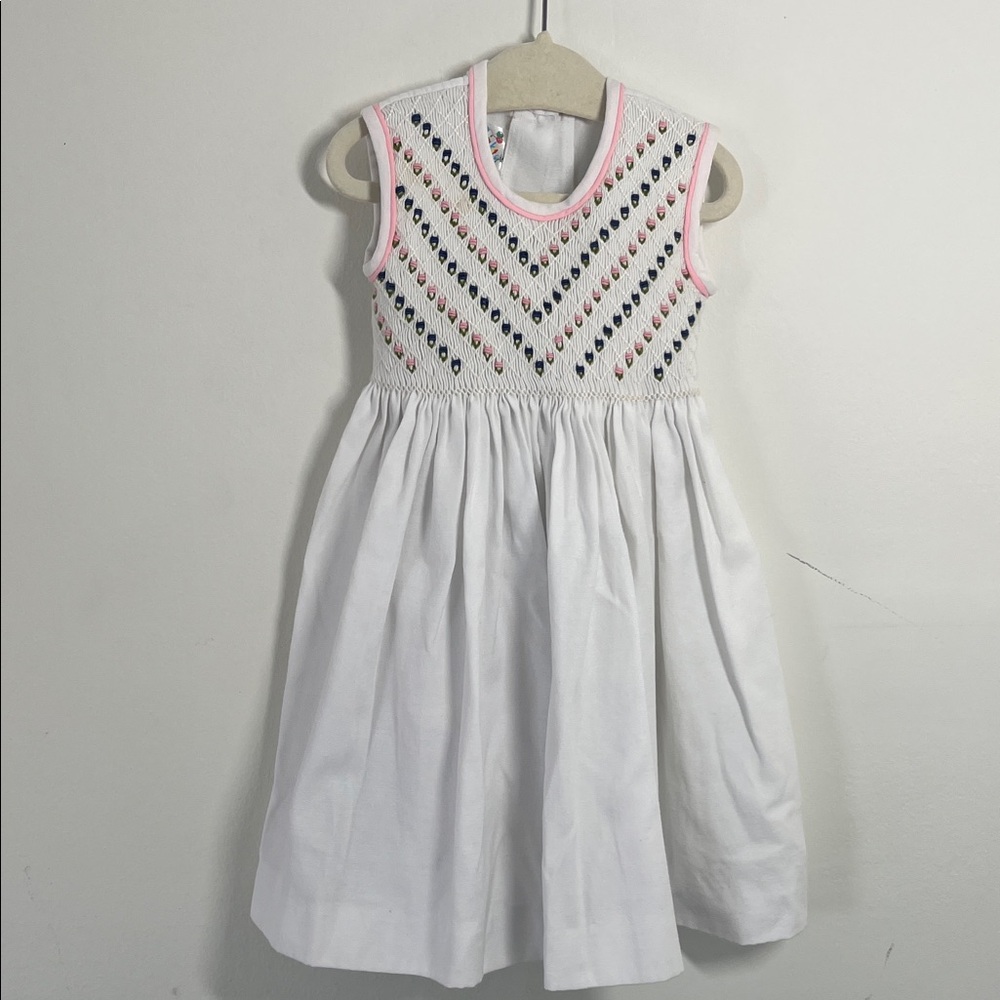 Vintage Girl Handmade Embroidered White Dress with Pink Accents